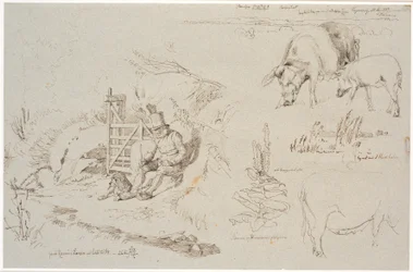 Estudio de hoja de Vognserup. A la izquierda, un pastor (el viejo Rasmus Larsen) sentado con un perro junto a una puerta. En primer plano, un estudio de paisaje con nombres de lugares. Debajo, dos cerdos. A la derecha, un estudio de juncos en un lago. Deba