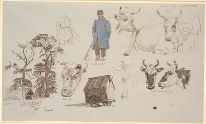 Hoja de estudio del área de ordeño en Vognserup. Estudios de vacas. A la izquierda, granja detrás de tres árboles altos, en el centro, una lechera sentada de espaldas y un pastor de pie. A la derecha, un carro de pastor