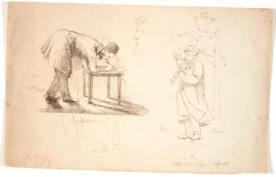 Hoja de estudio, a la izquierda se ve al artista mismo, inclinado hacia adelante, dibujando en un taburete o una pequeña mesa. Dibujado arriba dos estudios de un oficial y un caballero vestido. En el medio cabeza de estudio, autorretrato. A la derecha el a