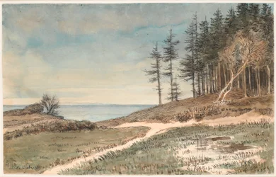 Vista hacia Kullen desde la playa en Hellebæk