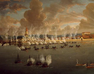 La flota sueca de Gustavo III sitiando Frederikshavn, 20 de mayo de 1790, guerras ruso-suecas, Dinamarca