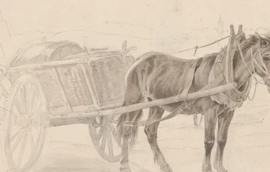 Un carro tirado por un caballo marrón cerca de un poste de lámpara, Verso: Un grupo de oficiales montados