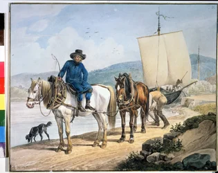"" Un caballo y un carro en el río "". Caballos a lo largo de un río remolcando un bote o utilizados para descargar mercancías en un camino de sirga". Pintura de Johann Adam Klein (1792-1875)
