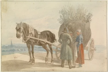 Campesinos austriacos con un caballo y un carro, con Viena a lo lejos