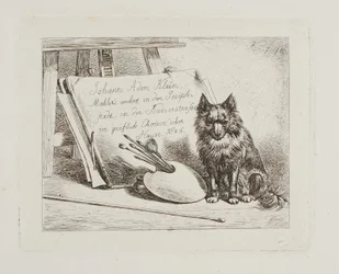 Perro sentado junto a las herramientas del pintor y la carpeta con la dirección del artista