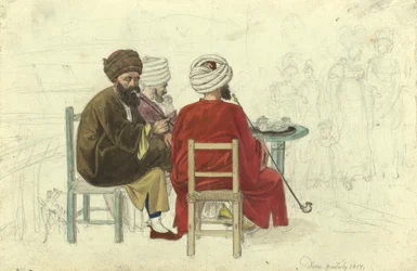 Tres turcos (o griegos) sentados alrededor de una mesa de café, en el café Augustini del bastión Rotenturm