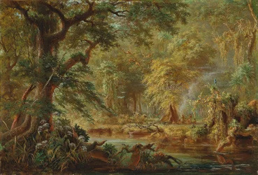 Campamento de indios brasileños junto a un río en la selva tropical