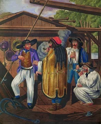 Cochero y marineros en un barco danubiano, de una serie de tipos vieneses ...