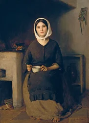 Mujer sentada en una cocina campesina