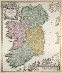 Mapa de Irlanda mostrando las provincias de Ulster, Munster, Connaught y Leinster, por Johann B. Homann, c.1730 (grabado coloreado a mano)
