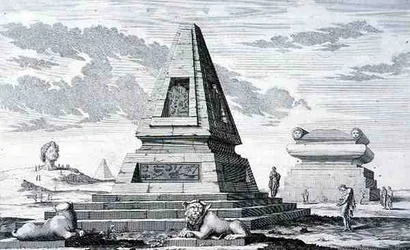 Pirámides que marcan la Tumba del Rey Sotis de Egipto, encontradas en las ruinas de Heliópolis. de 