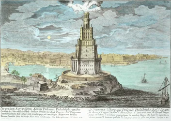 Faro de Alejandría, construido por Ptolomeo el Grande (36-después de 30 a.C.), Egipto, de Proyecto de una arquitectura histórica, grabado por Johann Adam Delsenbach (1687-1765) 1721 (color posterior)