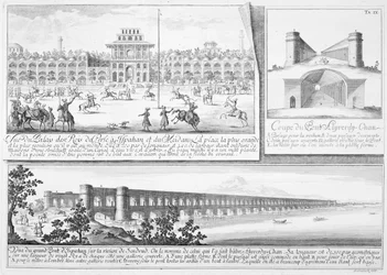 El Palacio Real en Isfahan, una sección transversal del Puente Alyverdy-Chan Isfahan y una vista del Puente Alyverdy-Chan Isfahan, de Entwurf einer historischen Architektur, grabado por Johann Adam De