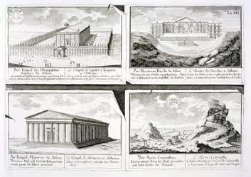 Vistas de cuatro edificios clásicos: El Templo de Zeus Olímpico, el Teatro de Dionisio en Atenas, el Templo de Atenea en Atenas y un Templo en Corinto, de Entwurf einer historischen Architektur