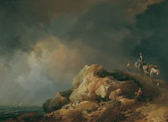 Paisaje costero con animales de carga.