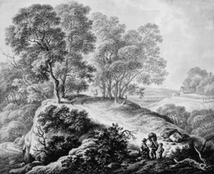 Paisaje con figuras y camino entre altos árboles