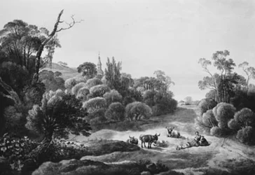 Paisaje con ganado y pareja de pastores