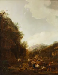 Paisaje montañoso con pastores y ganado en el abrevadero