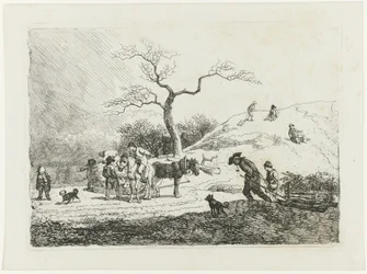 Paisaje invernal con niños en trineo y varios senderistas