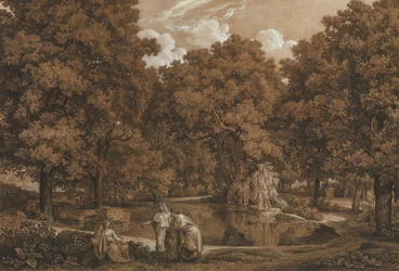 Paisaje arcadiano con tres figuras en un lago