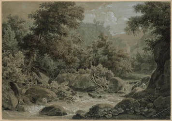Paisaje de montañas y bosque, con un arroyo en primer plano