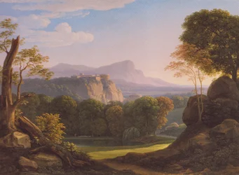 Alemán: Italienische Landschaft mit Schloss auf einem Bergrücken Paisaje italiano con castillo en una cresta