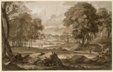Gran paisaje forestal con ciudad antigua y figuras de ambientación