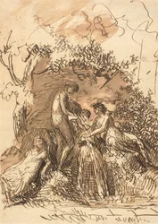 Jóvenes en una fuente (recto); Fragmento de boceto de piernas (verso)