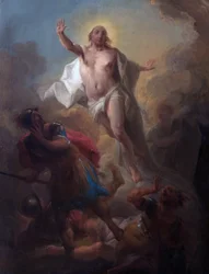 Cristo saliendo del sepulcro y soldados romanos huyendo (óleo sobre tabla)