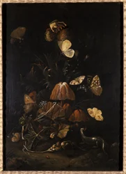 Flores con mariposas y lagarto