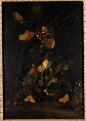 Flores con mariposas y sapo