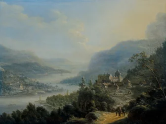 Un extenso paisaje renano con viajeros en una carretera junto a un castillo