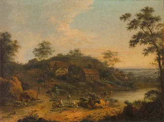Paisaje montañoso con granjas