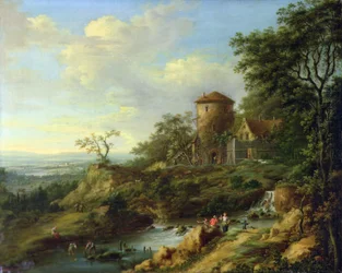 Paisaje renano con pescadores cerca de una torre (óleo sobre lienzo)