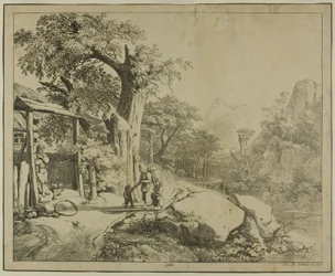 Paisaje montañoso con figuras