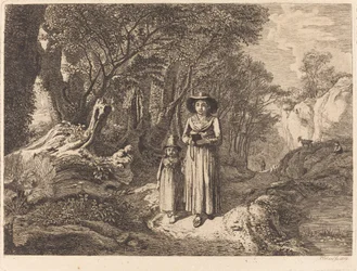 Mujer y niño caminando hacia la iglesia