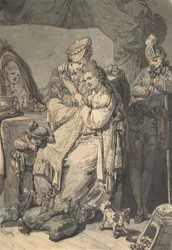Una Mujer en su Tocador con una Criada, un Niño, un Perro y un Joven Soldado, reverso: Un Boceto, 1770