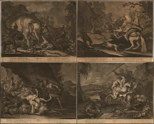 Ca. 1770 mezzotintas alegóricas de África, Asia, América y Europa en una página