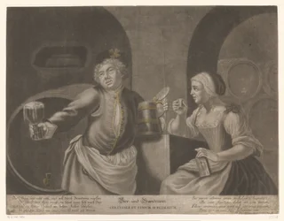 Hombre y mujer bebiendo cerveza y brandy
Bier und Brandewein / Cerevisia et vinum sublimatum