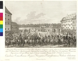Coronación del emperador Leopoldo II al rey de Hungría en Bratislava el 15 de noviembre de 1790 (grabado en cobre)