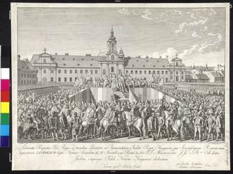 Coronación del emperador Leopoldo II al rey de Hungría en Bratislava el 15 de noviembre de 1790 (grabado en cobre)