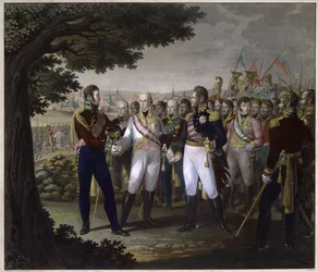 El zar ruso Alejandro I (1777-1825), el emperador austriaco Francisco I (1768-1835) y el rey prusiano Federico Guillermo (Frederic-Guillaume) III en Praga el 18 de marzo de 1813 - El encuentro entre los emperadores Francisco I de Austria, Alejandro I de Ru