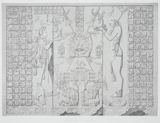 Relieve que representa a un sacerdote con ofrendas del Santuario del Templo del Sol, Palenque, láminas 29 y 30 de Monumentos Antiguos de México, grabado por Werner, 1866