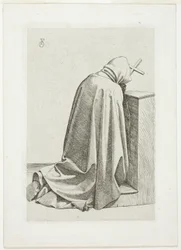 Peregrino arrodillado con cruz y libro