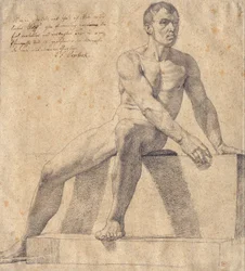 Desnudo masculino sentado en un pedestal