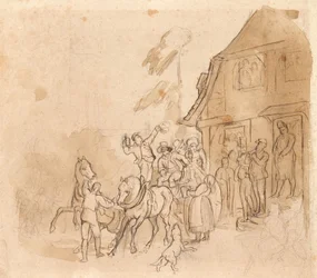 Carruaje tirado por caballos con bebedores de cerveza delante de un pub