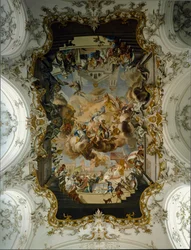 Arte barroco: “La Virgen rodeada de santos” Fresco de la bóveda por Johann Georg Bergmüller (1688-1792) 1736. Iglesia del Convento de las Agustinas. 1732-1739 Diessen am Ammersee, Alemania
