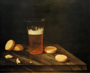 Naturaleza muerta con vaso de cerveza y panecillo