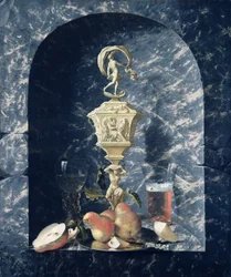 Bodegón con copa decorada, fruta y vasos en una hornacina de piedra, 1682