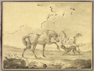 Dos caballos luchando contra un perro